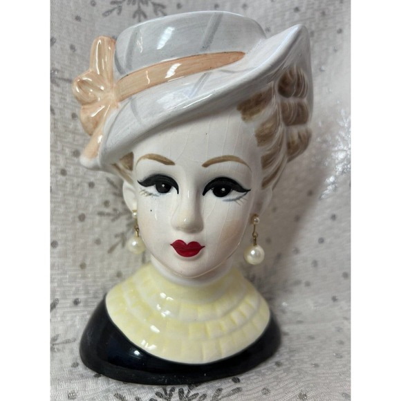 VINTAGE REPRODUCTION LADY HEAD VASE, Earrings & Hat, 8” - Picture 1 of 8